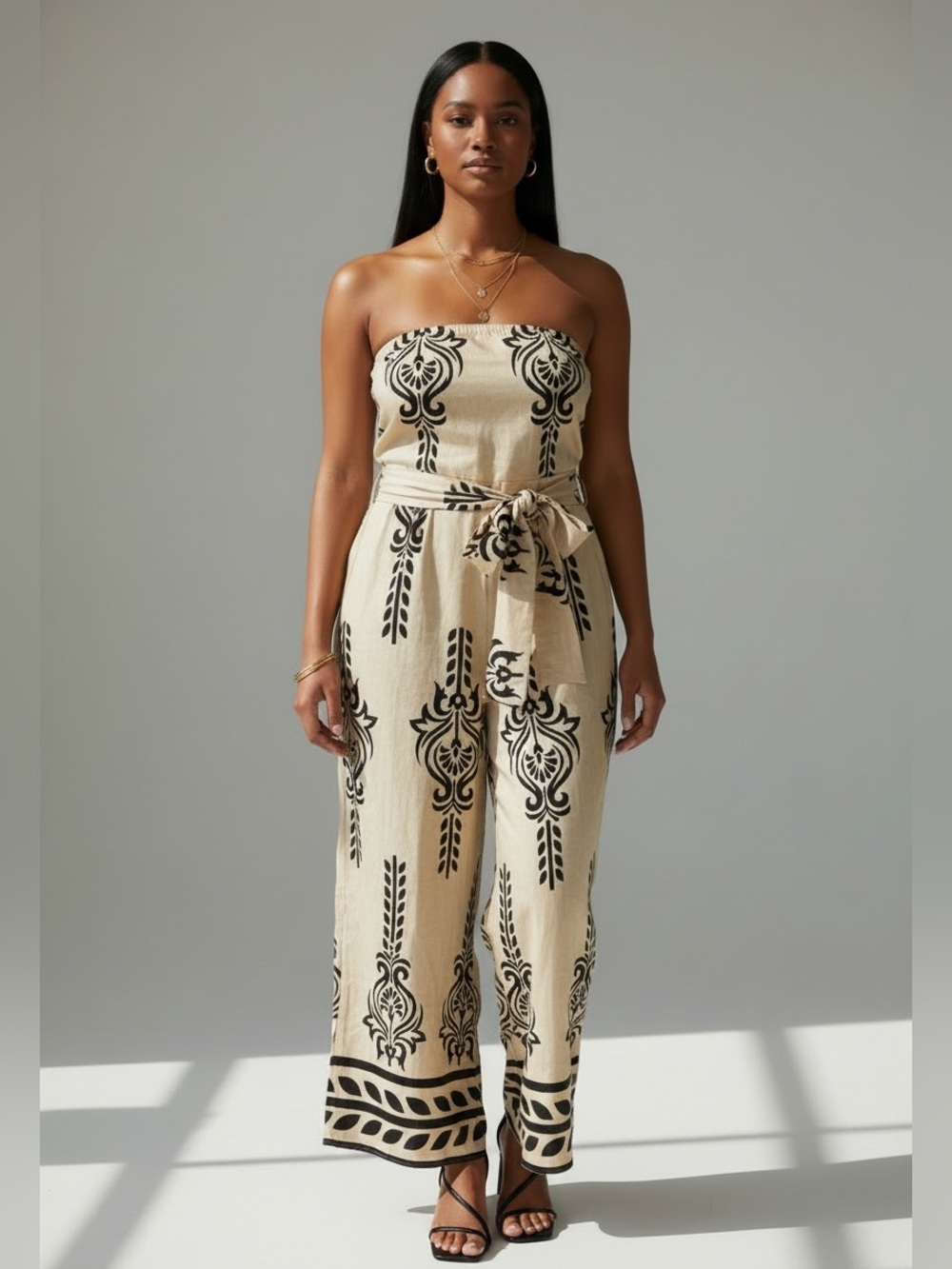 NWOT Strapless Cream Jumpsuit with Black Print and Self-Tie Waist
